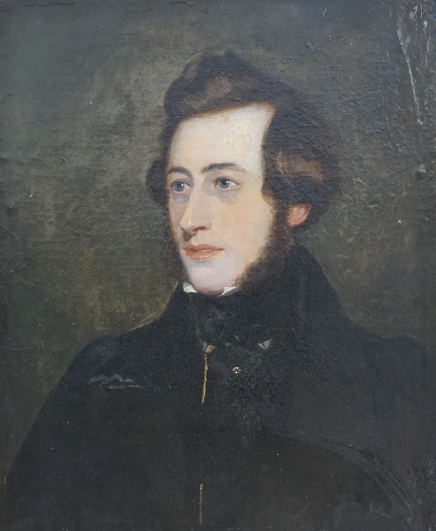 Early to mid 19th century oil on board, Head and shoulders portrait of a gentleman, unsigned, 59 x 49cm, ornate gilt frame. Condition - fair